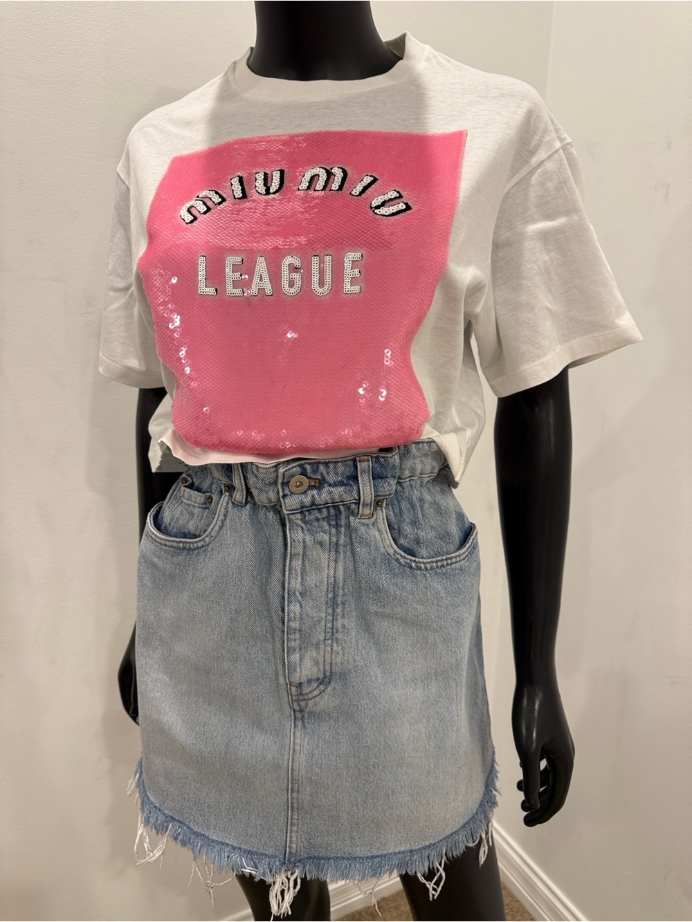 Miu Miu Denim Mini Skirt Frayed Hem Size 40 IT | Iconic Designer Piece NEW